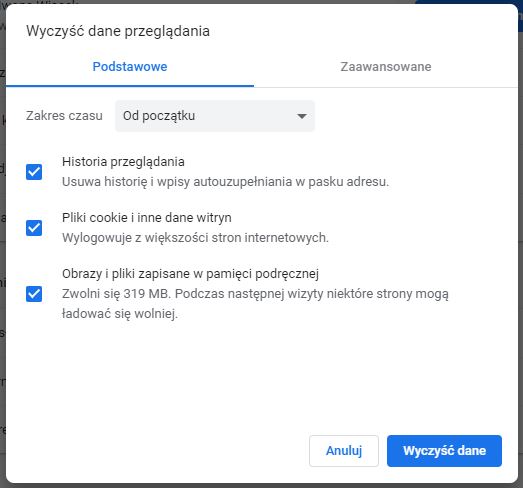 Widok okna czyszczenia historii przeglądarki Chrome