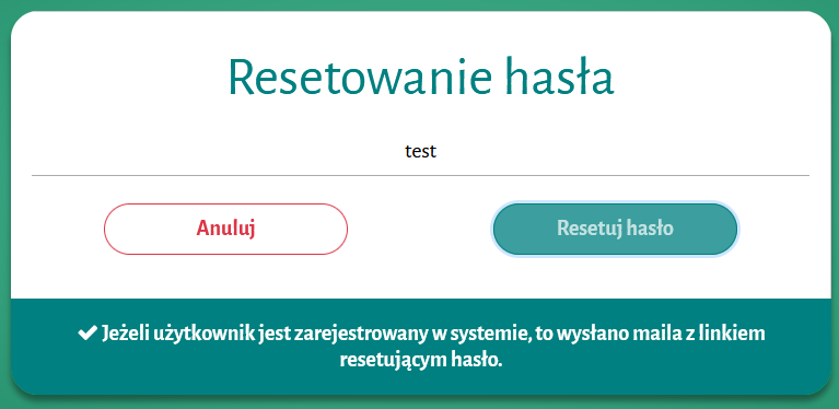 Widok okna z komunikatem o wysłaniu maila z linkiem resetującym hasło