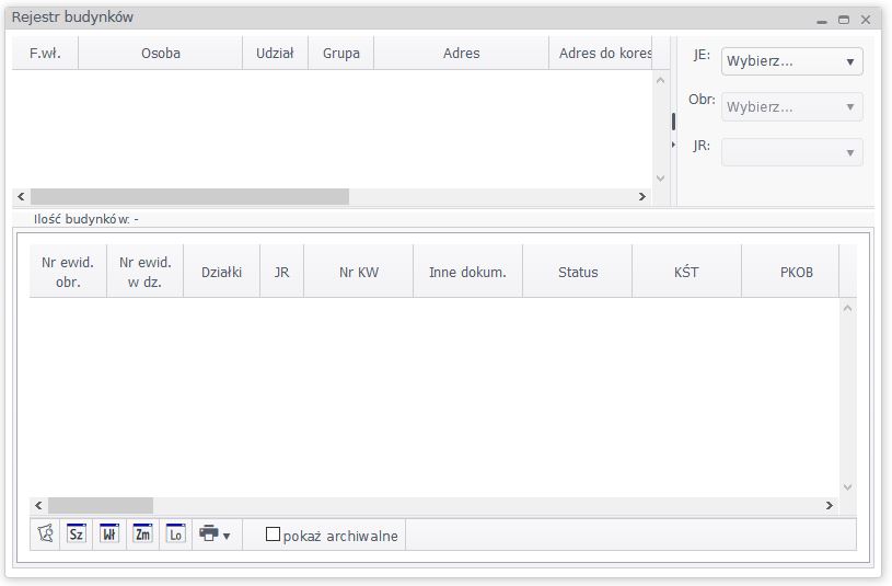 Widok okna rejestru budynków